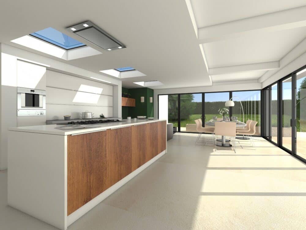 modern home with wraparound aluminium glass doors and flat roof lights in kitchen area