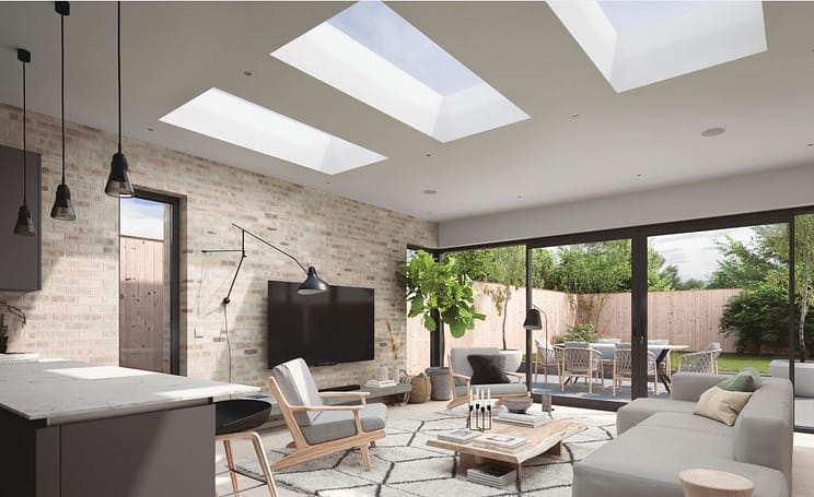 aluminium flat roof lights and aluminium window and aluminium sliding doors on modern kitchen flat roof extension