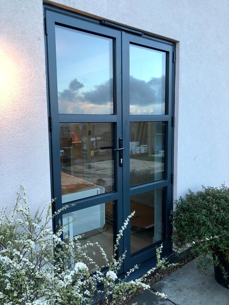 anthracite grey french door with transoms